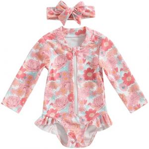 Tollder Maillot de bain une pi&egrave;ce &agrave; manches longues et fermeture &eacute;clair pour fille Motif floral, F-rose avec bandeau, 18-24 mois (autumn2020, neuf)
