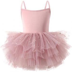 AIEOE Fille Robe de Ballet Danse Tutu Justaucorps Robe Danse Tutu Tulle Enfant Manche &agrave; Volants (Entrejambe avec Bouton) 4-6 Ans Rose A01 (HIGENL, neuf)