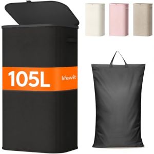 Lifewit Panier Linge Sale, Bac Linge avec Couvercle, Corbeille Linge avec Plastique Poign&eacute;es et Sac Linge, Laundry Basket pour Buanderie, Chambre, Salle de Bain, 105 L, Noir (Lifewit Home FR, neuf)