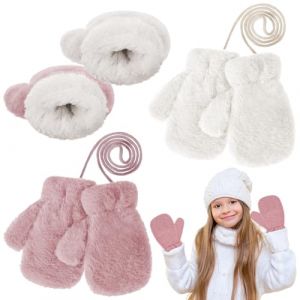 Yimomoyi Moufles Enfant 2 Paires Gants d'Hiver Gants Enfant, Gants d'Enfants, 3 &agrave; 7ans Enfants Thermique Mitaines avec Corde, Moufle Epais Enfants Gant Cadeau de No&euml;l (Blanc + Rose) (YIMOMY, neuf)