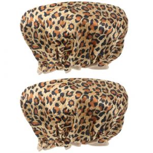 TOPPERFUN Lot de 2 Bonnets de Imperm&eacute;ables en Double Couche PEVA &Eacute;lastiques Taille Unique Imprim&eacute; L&eacute;opard Bonnets de Bain pour Protection Cheveux Casquettes de Salon Coiffure (Linuya, neuf)