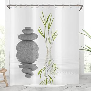 Hnmdmyi Rideau de Douche Pierre Zen 165x180, Rideaux de Douche Spa Japonais Herbe Sauvage reflet dans l'eau méditation Design Rideau de Baignoire imperméable Tissu Polyester Lavable Rideau de Bain (Hnmdmyi, neuf)