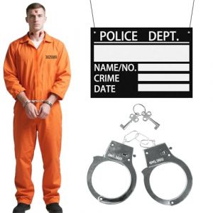 Kit de d&eacute;guisement de prisonnier de 7 pi&egrave;ces pour hommes, ensemble d'accessoires de costume de prison orange avec combinaison de prison, accessoires photo, autocollants de tatouage, menottes avec cl&eacute; (Qi ShiPengDeshop, neuf)