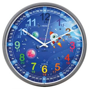 Kiddus Horloge Murale Éducative pour Enfants, Garçon, Fille. Diamètre 30 cm.Time Teacher Analogique avec Exercices. Mécanisme en Quartz Silencieux. Français XL Galaxy (Kiddus, neuf)