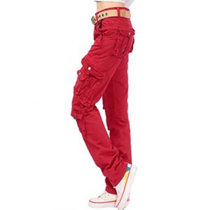 Tomwell Femme Jeans Cargo Denim Pantalons Multi Poche Stretch Denim Pantalon Taille Skinny Crayon Pantalon Jean Trou&eacute; Pantalons Jeggings Pants Casual R&eacute;tro Rouge X-Large (Joke and I, neuf)