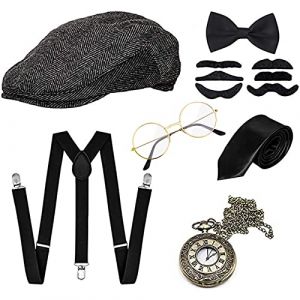 GOLDGE Ensemble d'accessoires pour homme des années 1920 - Costume de mafia Gatsby - Chapeau de gangster Panama - Bretelles réglables - Cravate - Nœud papillon - Montre de poche rétro - Lunettes et (Tec Mall, neuf)