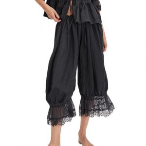 ThiCc Pantalon Long Bloomer pour Femme - Pantalons Victoriens &agrave; Bordure en Dentelle Y2K Taille &Eacute;lastique Robe de Chambre &agrave; Volants en Citrouille Pantalon Confortable de D&eacute;tente &agrave; Taille Moyenne Capri (piaopiaostore, neuf)