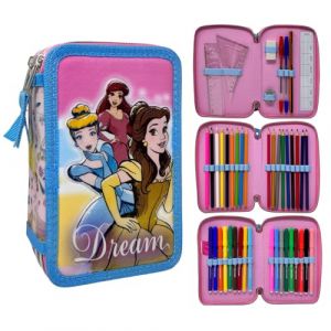 CARTOON Trousse multi-compartiments 3 fermetures éclair pour l'école complète 44 pièces stylos crayons couleurs marqueurs Giotto, princesses, trousse (Massi s.r.l., neuf)