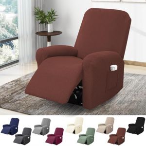 BOYIFEIJIE Housse Fauteuil Relax 1 Place, Housse de Fauteuil Extensible avec Poches, Housse Canapé Relax Jacquard Rayé Tout Compris, Protège Fauteuil pour Fauteuil Inclinable (Marron Foncé, 4 Pièces) (Baiyirich, neuf)