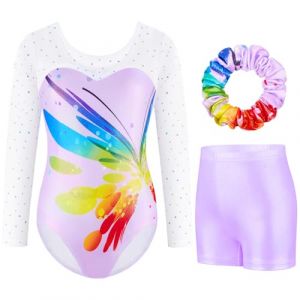 Boteria Justaucorps de Gymnastique pour Filles Trois Pi&egrave;ces Maillots de Gymnastique Gymnastique &agrave; Manches Longues avec Short et Bandeau Justaucorps de Danse (Violet-manches longues, 11-12 ans) (AYHPKJ, neuf)