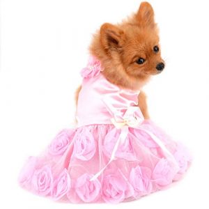 PAIDEFUL Robe pour Petit Chien V&ecirc;tements pour Chats Filles d'&eacute;t&eacute; Luxe Robe de Mari&eacute;e Jupe Tutu en Dentelle &agrave; Fleurs Roses Soyeux Bowknot Robe de f&ecirc;te d'anniversaire Chiot Chihuahua Jupe Rose XL (paideeu, neuf)