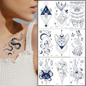 Qpout 10Feuilles Tatouages semi-permanents pour femmes filles Tatouages temporaires réalistes Art corporel Tatouage Autocollants Bleu foncé imperméable faux tatouages longue durée de 2 semaines (Mopyt, neuf)