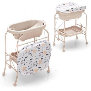 LIFEZEAL 2-en-1 Table à Langer & Baignoire Pliable Bebe, Commode à Langer Bébé avec Panier de Rangement, Roues Universelles, Charge de 35 kg, 0-12 mois (Beige) (LIFEZEAL ITALY S.R.L., neuf)