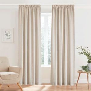 PONY DANCE Rideaux Voilage - Rideau Lin Naturel Draperies Galon Fronceur Voile Demi Transparent Décoration de Salon Maison Romantique, Largeur 140 cm sur Hauteur 300 cm, Beige, 2 Pièces (RYB HOME EU, neuf)