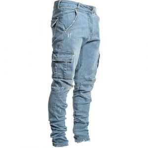 Hommes Multi - Poches Jeans Cargo Side Bags Hommes Crayon Hip Hop Cargo Jogging Jean Pantalons (Bleu Clair,S) (ZDJSWJ STORE, neuf)