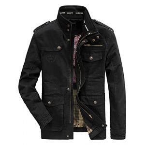 MERCIYD Veste demi-saison cargo pour homme, col montant, en coton, plusieurs poches, style militaire, adaptée à l’hiver, l'automne, décontractée, coupe-vent, Noir , L (LIIOO, neuf)