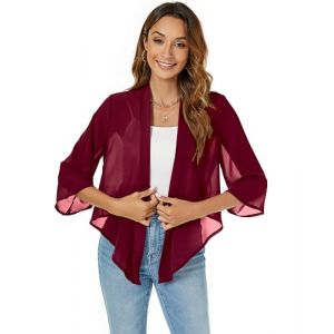 Famrrifuu Femme Bol&eacute;ro Court Gilet L&eacute;ger Manches 3/4 Bol&eacute;ro &Eacute;l&eacute;gant Veste Courte Mousseline de Soie,Rouge vin,XL (TengGD, neuf)