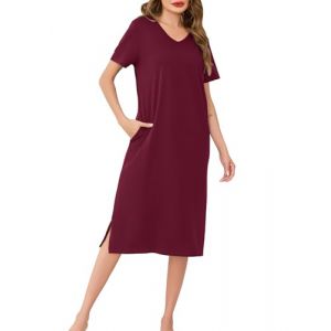 Wikoan Chemise de Nuit Longue pour Femmes Chemise de Nuit en Coton Doux Chemises de Nuit Manches Courtes Col en V avec Poches Robe de Nuit Bourgogne XL (Wikoan Direct, neuf)