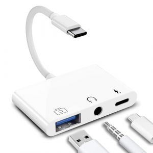 Gbformat 3 en 1 Adaptateur USB C Jack 3,5 mm, Type C vers Aux Jack Audio Ecouteur Multiport Splitter Adaptateur avec Port de Charge USB OTG, Compatible avec 15/15Pro/15ProMax/15Plus et Plus. (shunfenger, neuf)