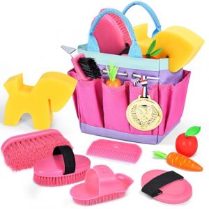 Joellfuner Set de Pansage Cheval, Jouet Accessoires Cheval pour Enfants, Equitation Soins Sac Equitation Cheval avec Sac de Rangement, Brosse de Massage et Grattoir à Sabot (TORYODOR ETRADE, neuf)