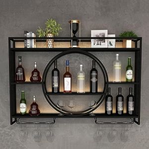 Porte-Bouteilles Muraux Industriels avec Porte-Verre,Casier À Vin en Métal,Porte-Verre À Vin Suspendu Mural pour Bar Boissons,Étagères Polyvalentes,Étagère Murale en Verre pour Cuisine (Color : Black (ZiZhouXianGuQiRiYongBaiHuoDian, neuf)