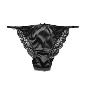 SilRiver Sous-vêtements sexy en satin de soie pour femme - Culotte de bikini - Tanga - Hipster, Noir , L/XL (SilRiver EU, neuf)