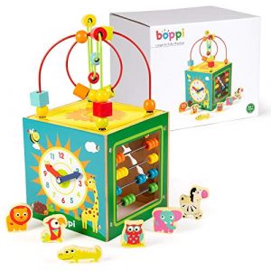 boppi Grand Cube d'activit&eacute; en Bois 5 en 1 Labyrinthe &agrave; Billes &agrave; 2 Sens Huit Jouet sensoriel pour b&eacute;b&eacute; avec Boulier Horloge Trieur de Formes d&rsquo;Animaux et Coulisseau Multifonctions Jeu &eacute;ducationnel (bopster, neuf)