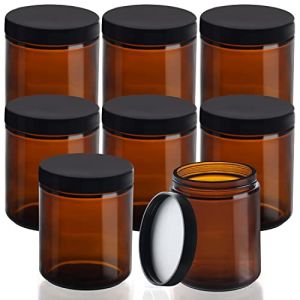 BELLE VOUS Lot de 8 Mini Bocaux en Verre Arrondis - 240 ml - Bocal en Verre avec Couvercle Noir Réutilisable - Pot Vide Cosmétiques, Lotion, Crème Visage, Huile Essentielle et Maquillage (Ambre) (Tinyyo Europe, neuf)