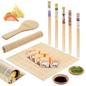 zrfgbxim 10 Pcs Sushi Maker Kit Sushi Complet: 2 Pcs Natte Sushi, 5 Paires Baguettes, 1 Cuillère à riz, 2 Pcs Assiettes à Sauce, Tapis à Rouler en Bambou, Outil de Préparation Sushis pour Débutants (Shenzhen Xingyu Lei Technology Co., neuf)