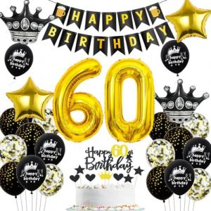 Ballons anniversaire 60 ans or noir, D&eacute;coration 60 ans anniversaire or noir, Homme Femme 60 ans f&ecirc;te d&eacute;co, Or noir anniversaire 60 ans Ballon, ballon or noir 60 ans Homme Femme,Ballon 60 Or noir (Haosell, neuf)