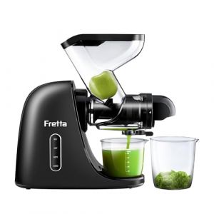 Fretta Extracteur de Jus à Pression à Froid, Goulotte d'alimentation Large de 76 MM, Presse-agrumes à Froid sans BPA, Extracteur de Jus de Fruits et Légumes, Recettes de Jus Incluses (Noir) (Fretta-EU, neuf)
