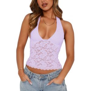 Sukiglam Débardeur Femme Ete Crop Top Chic Et Élégant Haut Dentelle Sexy sans Manches Haut à col Halter Y2k Camisole Doux Slim Fit Caraco Tops Dos Nu Chemisier Court en Dentelle Transparente (Sukiglam Store, neuf)