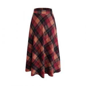 BiilyLi Jupe Longue Femme Hiver Élégant Carreaux Haute Taille Maxi Jupe en Laine A-Line Taille élastique Skirt Rouge -L (Five Magnolia Flowers, neuf)