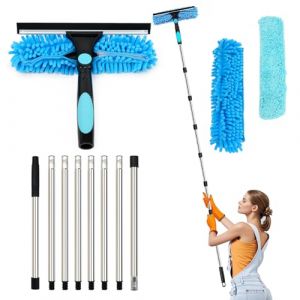 Lapluied 3,1M Nettoyeur de Vitre 3-en-1 Kit Nettoyage Vitre avec Raclette en Silicone et Brosse en Microfibres, Raclette Vitre Professionnel, Lave Vitre Telescopique avec Tête Rotative 270° Bleu (Lingyishangmao, neuf)