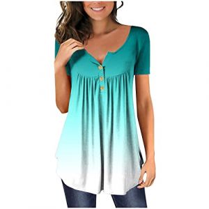 Chic Et &Eacute;l&eacute;gant Chemisier Femme Manches 3/4,T Shirt Imprim&eacute; Fleurs avec Pliss&eacute;,Tee Shirt Col en V Blouse De Boheme Hauts avec Boutons,D&eacute;contract&eacute;e Tunique &Eacute;t&eacute; Plage Travail Tunique Tops (Wyongtao❖, neuf)