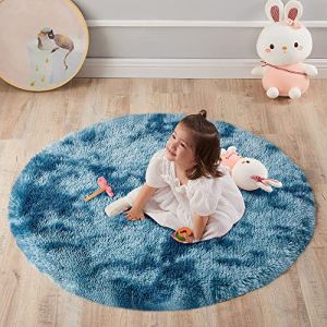 VOFUSHON Tapis Rond Salon Shaggy Descente de lit Chambre Grande Taille Tapis avec Le Fond Antidérapant, Tapis Décoratif de Style Moderne pour Salon Chambre Canapé Natte(Ø 100 cm Rond,Bleu Marine) (VOFUSHON-Home, neuf)