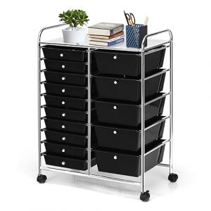 KOMFOTTEU Chariot de Rangement à 15 Tiroirs, Meuble Tiroir à Roulettes verrouillage, Chariot en plastique, Chariot organisateur, pour Bureau, Salle de Bains, Salon (Noir) (Komfort GmbH, neuf)
