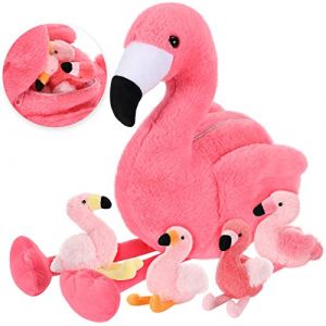 Skylety 18 Pouces Animal de Flamant Rose en Peluche avec 4 Jouets de B&eacute;b&eacute; &agrave; Int&eacute;rieur - Maman Flamant avec Ventre Zipp&eacute; pour Cadeau d'Anniversaire No&euml;l (SYNKEESY, neuf)