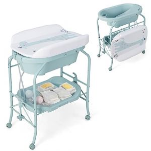 LIFEZEAL 2-en-1 Table à Langer & Baignoire Pliable Bebe, Commode à Langer Bébé avec Panier de Rangement, Roues Universelles, Charge de 35 kg, 0-12 mois (Bleu) (LIFEZEAL ITALY S.R.L., neuf)