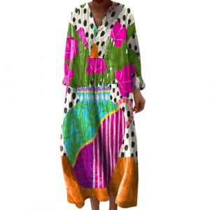 Robe Ete Femme Mi Longue Fluide Coton Chemise Robes Manches Longues Ample Casuel A-Line Imprim&eacute; Fleur Robes Col V Ronde Boh&egrave;me Robe De Soiree Femme Vintage Dress pour F&ecirc;te Travail (Anglekie, neuf)