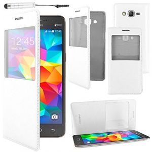 ebestStar - Coque Compatible avec Samsung Grand Prime Galaxy G530F, Value Edition G531F Etui Slim Housse Portefeuille Fen&ecirc;tre View + Mini Stylet, Blanc [Appareil: 144.8 x 72.1 x 8.6mm, 5.0''] (ebestPro-fr, neuf)