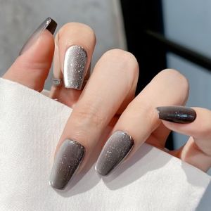 Lot de 10 faux ongles à presser réutilisables faits à la main - Motif œil de chat noir - Bling Bling Bling Nude moyen - Faux ongles à coller - Bout français - Taille M (TOPA Digital, neuf)