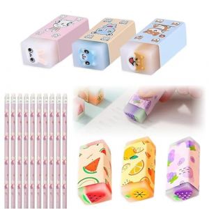 QOWUXHZ 16Pcs Gomme Crayon 6 Gommes De Kawaii Et 10 Crayons Hb Ergonomique Triangulaire Gommes Animaux Ensemble De Papeterie Amusant Pour Enfants Et Étudiants (QOW STORE, neuf)