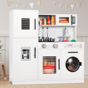 Cuisine en Bois pour Enfant avec Effets Lumineux et Sonores Simulés, Lave-Linge, Jouet à Partir de 3 Ans, 82x80x25 cm, Blanc (BRT Store, neuf)