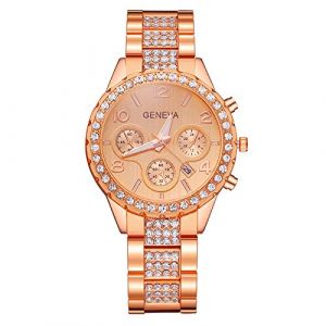 Montre pour Femme &agrave; Mouvement Chronographe avec Bracelet en Acier Inoxydable, Montre De Bling Rond Cristal Strass Montres &agrave; Diamants en Acier Inoxydable Bande De M&eacute;Tal Cadeau (⭐⭐⭐⭐⭐5.0 Zhiyao, neuf)