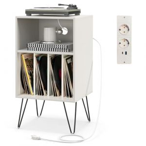 COSTWAY Meuble Tourne-Disque Vinyle avec Prise,Table d&rsquo;Appoint avec Station de Charge,2 Prises,1 USB,1 Type-C,Pieds en M&eacute;tal,Bout de Canap&eacute;,Support Tourne-Disque pour Salon Chambre (Blanc) (FDS GmbH, neuf)