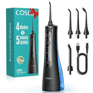 COSLUS Jet Dentaire Hydropulseur Irrigateur Oral: Pression 20 mm, IPX7 &eacute;tanche, Technologie Anti-&eacute;claboussures, 4 Modes, 5 Niveaux d'Intensit&eacute;, Id&eacute;al pour bucco-dentaire et voyage,Noir Brillant, C50 (Wenilu, neuf)