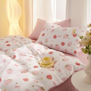 Freyamy Housse de Couette 140x200+1 Taie d'oreiller 65x65cm Blanc Rose Color&eacute; Fraise N&oelig;ud Coeurs Ado Parure de lit en Microfibre Sets de Housse Couette Adulte Filles avec Fermeture &Eacute;clair (Mitchell'SZ, neuf)