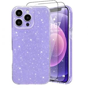 Coque Compatible avec iPhone 16 Pro 6.3" Glitter, CaseLover Paillette Brillantes Coque avec 2 Pi&egrave;ces Protections d'&eacute;cran Mignon Silicone Shock-Absorption Sparkle Housse &Eacute;tui pour iPhone 16 Pro, Violet (CaseLover_Direct_Store, neuf)