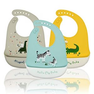 Baogaier Bavoir Silicone 3 PCS B&eacute;b&eacute; Impermeable Bavette Silicone Plastique Recuperateur Enfant Gar&ccedil;on Bavoirs Col Souple Bib Ajustable L&eacute;ger Grande Poche Z&egrave;bre Crocodile Dinosaure Bleu Jaune Gris (Baogaier, neuf)